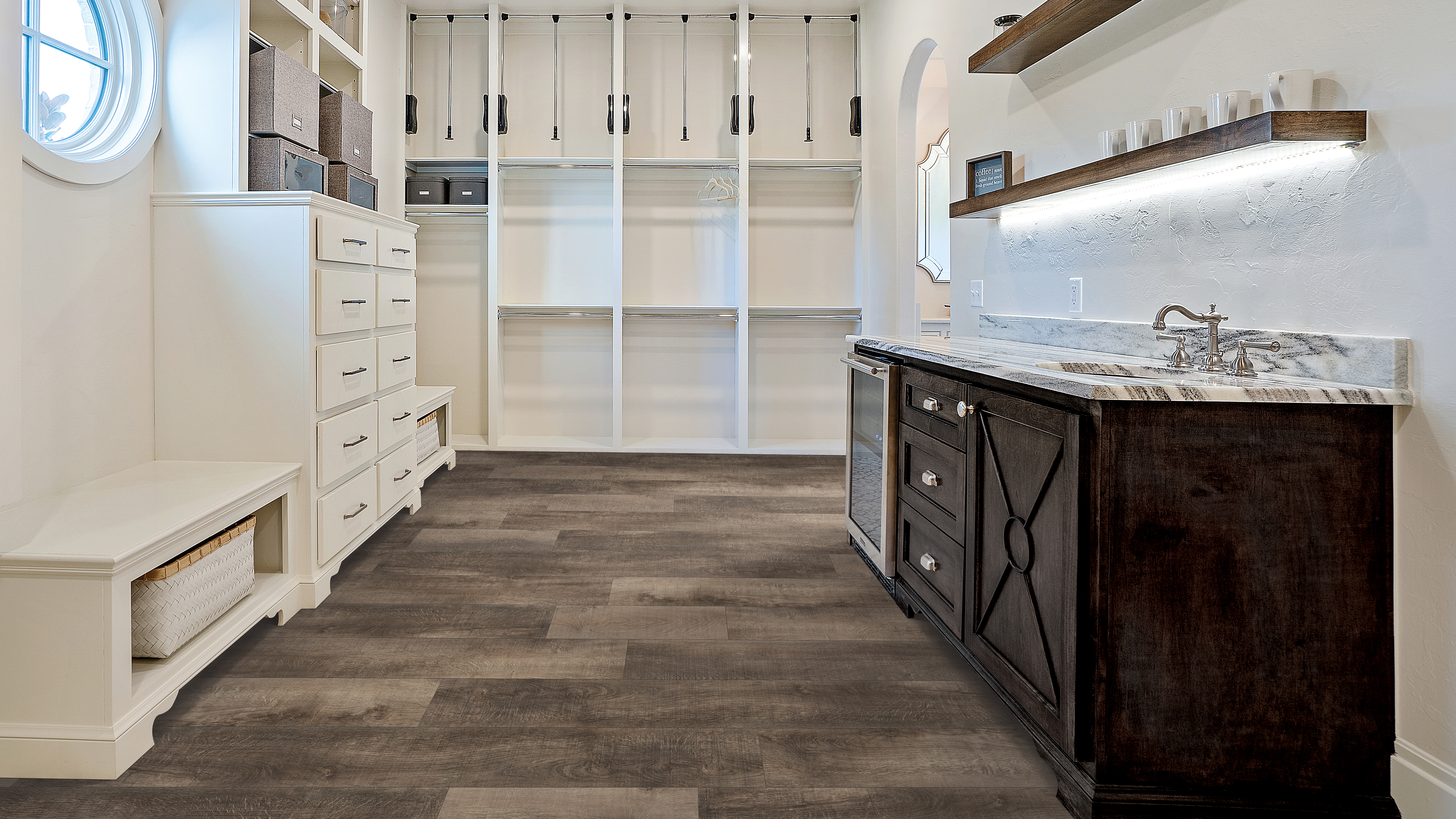 Luxury vinyl flooring in a pantry.