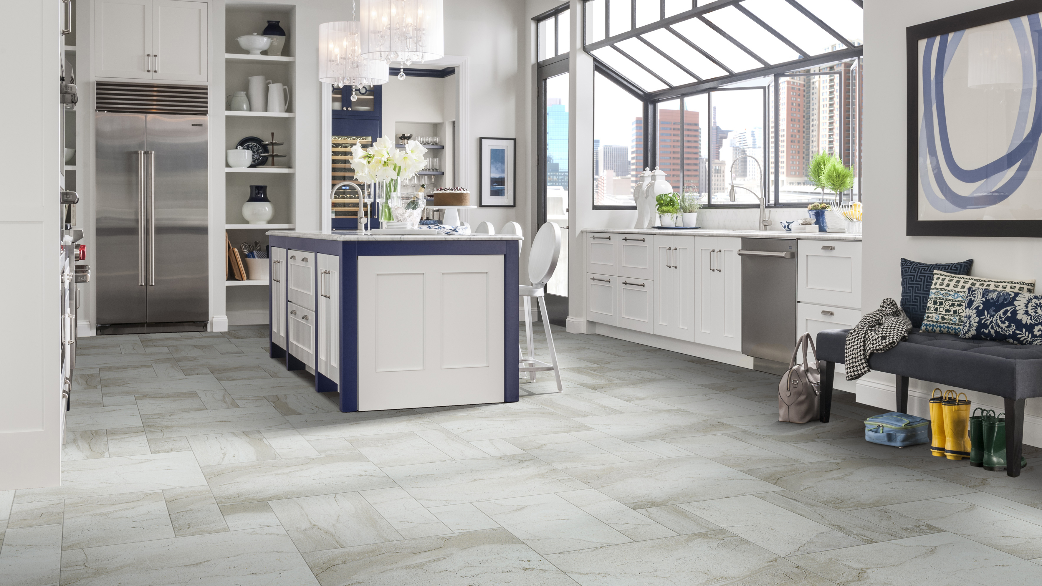 Tile floors in a kitchen.